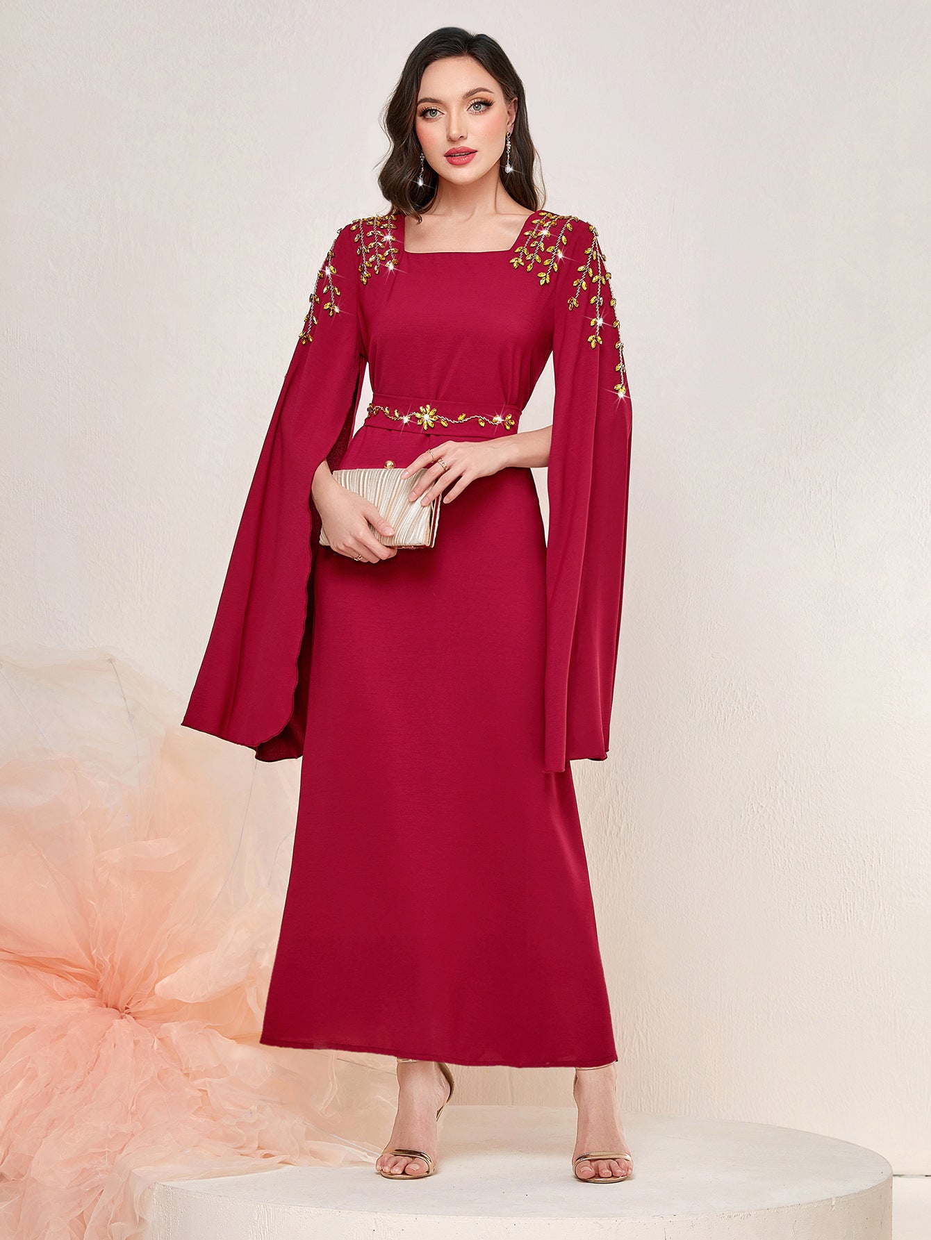 BA3169 Super Long Sleeve Shoulder Seam Diamond Dress