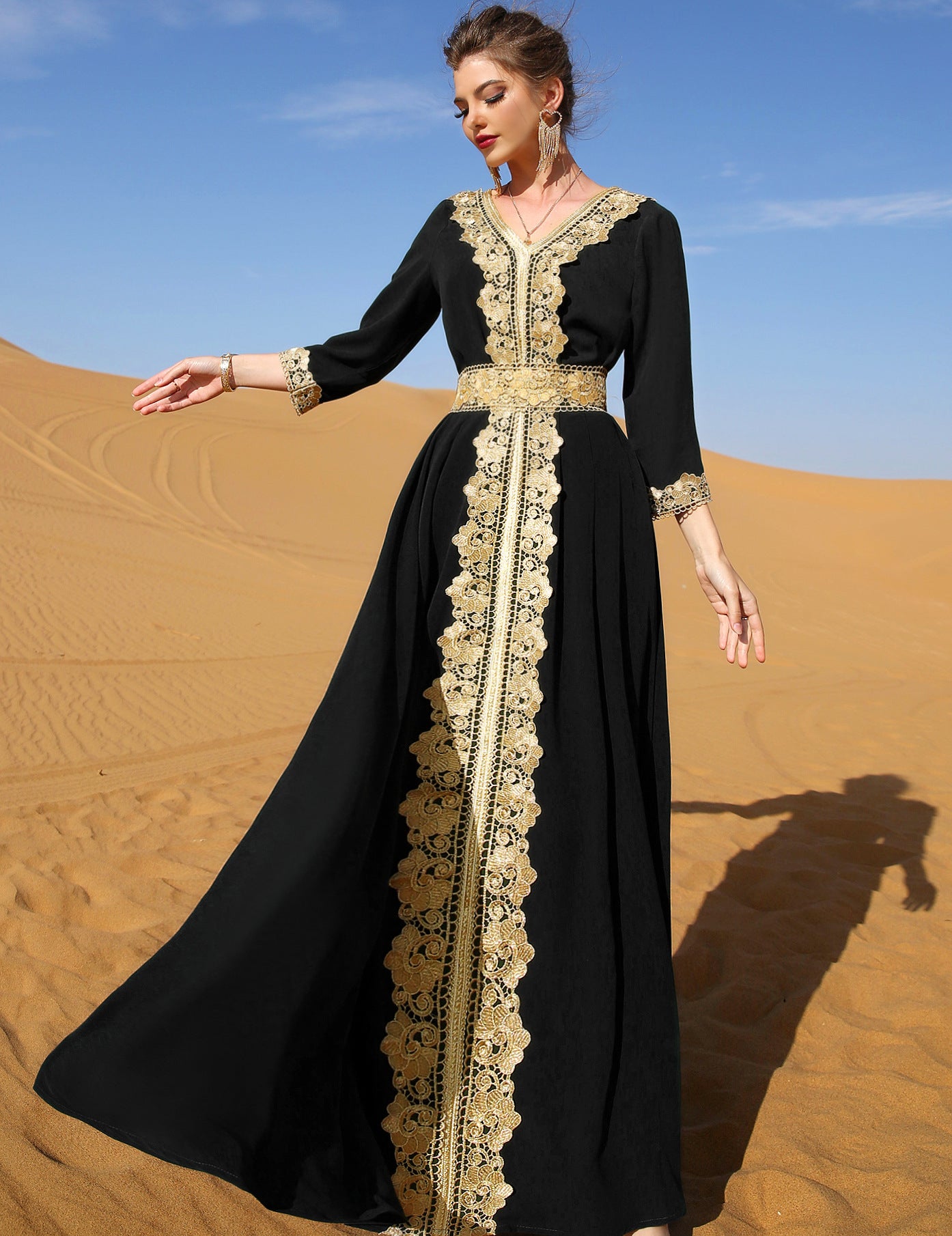 7013 Black Embroidered Lace Elegant Retro Explosive Dress, Vacation Gorgeous Middle Eastern Women's Clothing