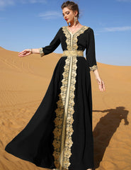 7013 Black Embroidered Lace Elegant Retro Explosive Dress, Vacation Gorgeous Middle Eastern Women's Clothing