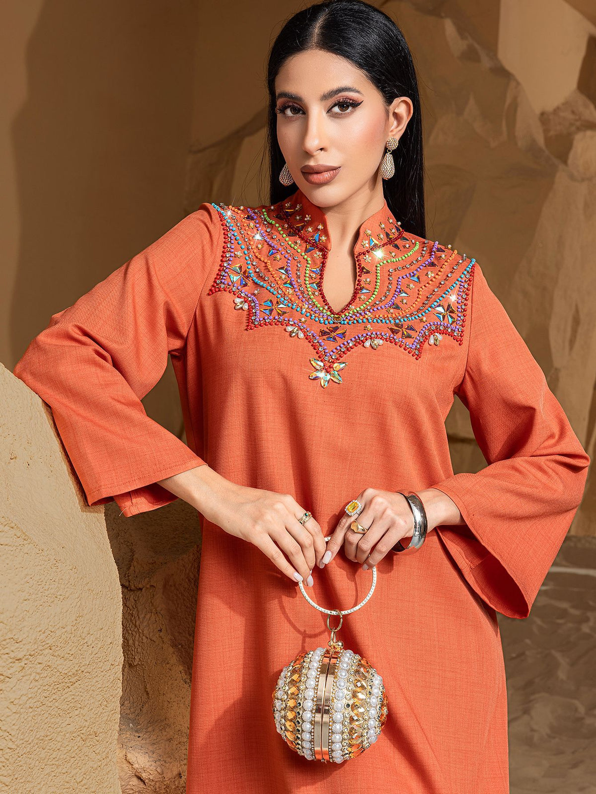 15253 Middle East high-end heavy industry hand-sewn diamond temperament arabic robe loose spot women's clothing
