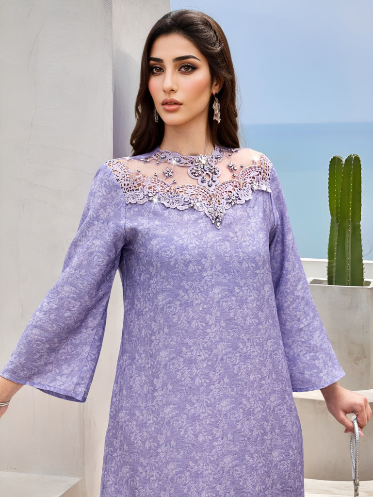 15008 Lavender purple spliced neckline lace embroidered glass diamond printed robe