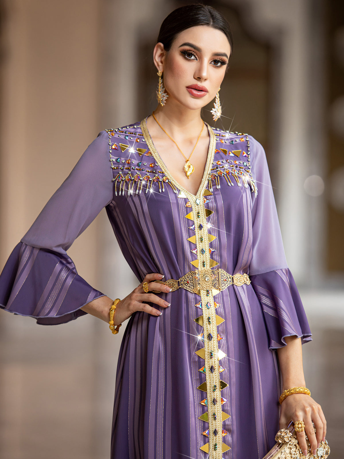 BA4137 Fashion V-Neck Long Sleeve Handmade Beaded Dress Elegant Robe Spot