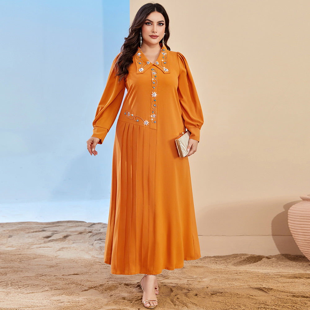 BA3140 cross-border new hand-sewn diamond lapel dress, Amazon AliExpress hot sale, Middle East women's long dress