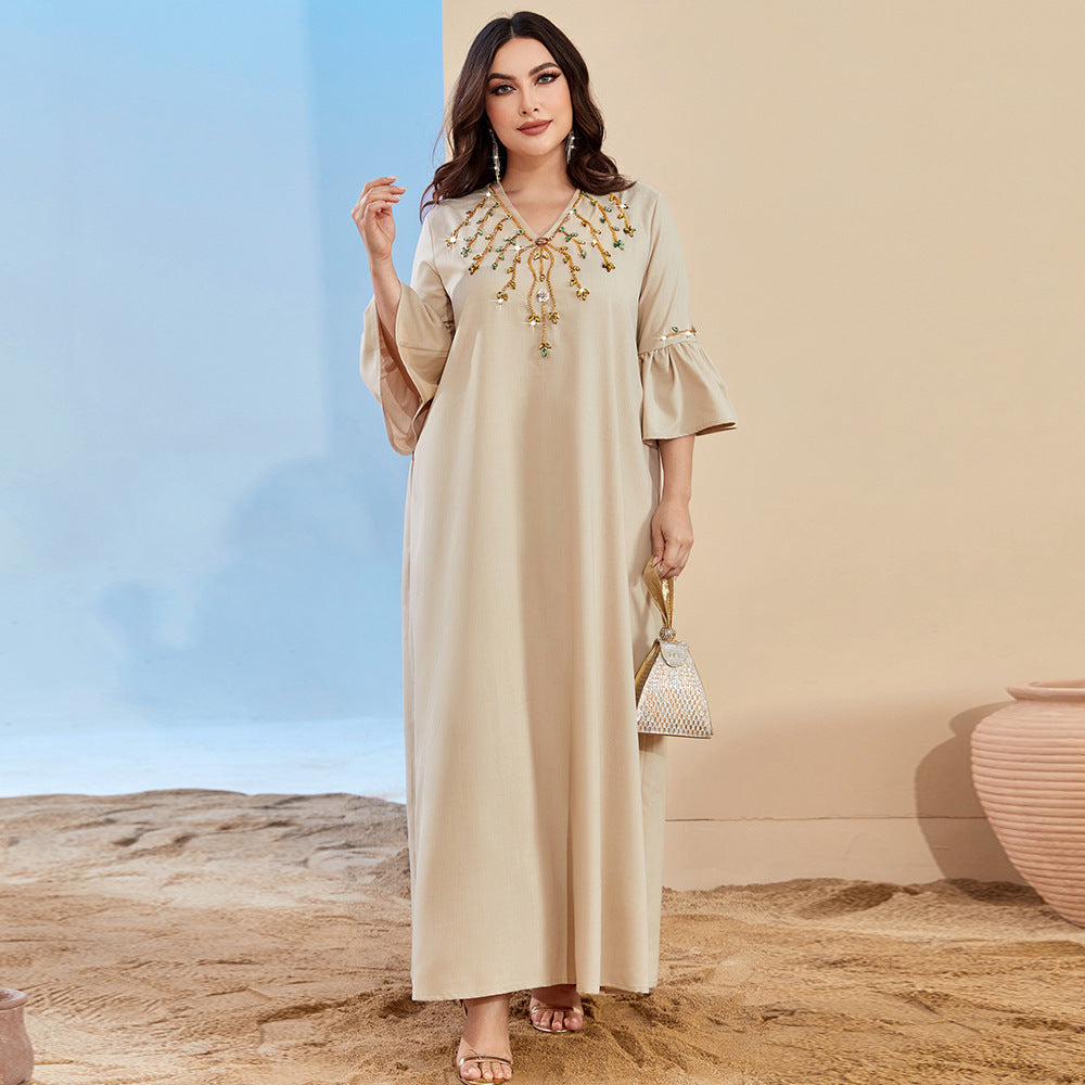 BA3036 New apricot V-neck horn-sleeved dress fashionable Middle Eastern, European and American large-size women's clothing