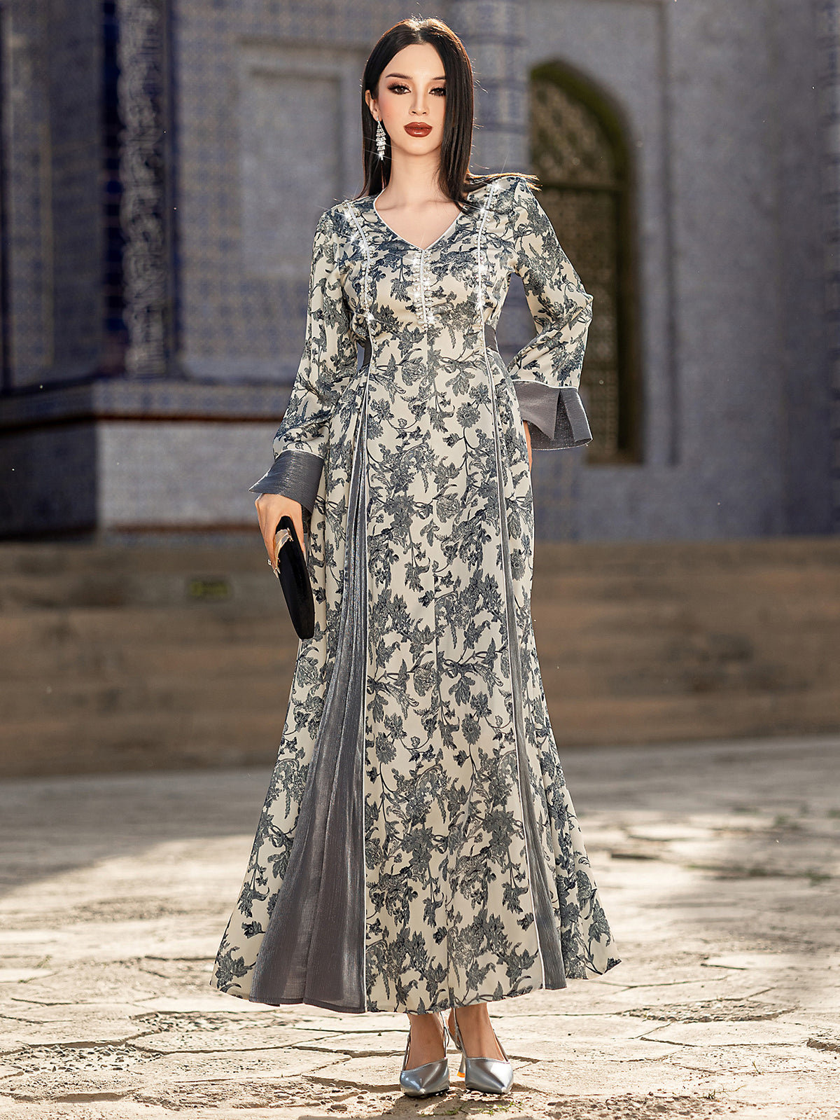 15244 v-neck satin jacquard dress hand-sewn bead elegant long-sleeved dress