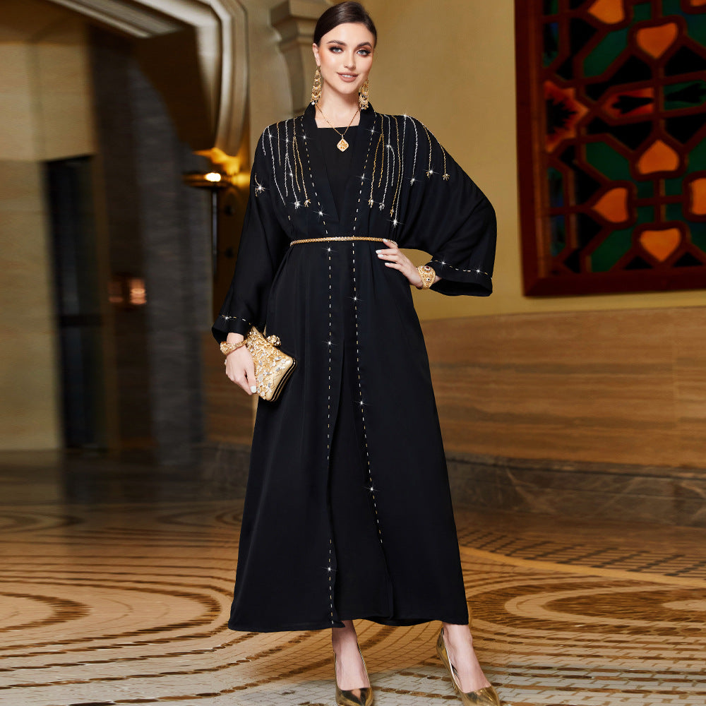 3135 black outer hand-sewn rice bead satin robe, spot cardigan