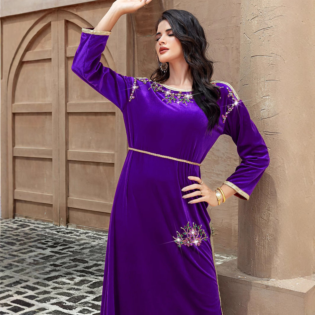15164 Purple velvet hand-sewn rhinestones and gold webbing dress long dress toasting dress