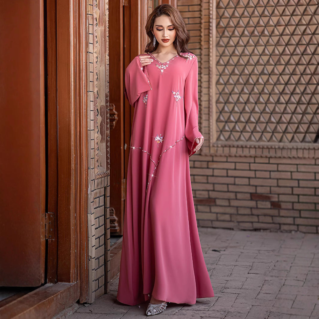 15196 Dubai, Saudi Arabia Fashion Handmade Nailed Diamond Dress, Summer Chiffon Robe Middle East Women's Clothing