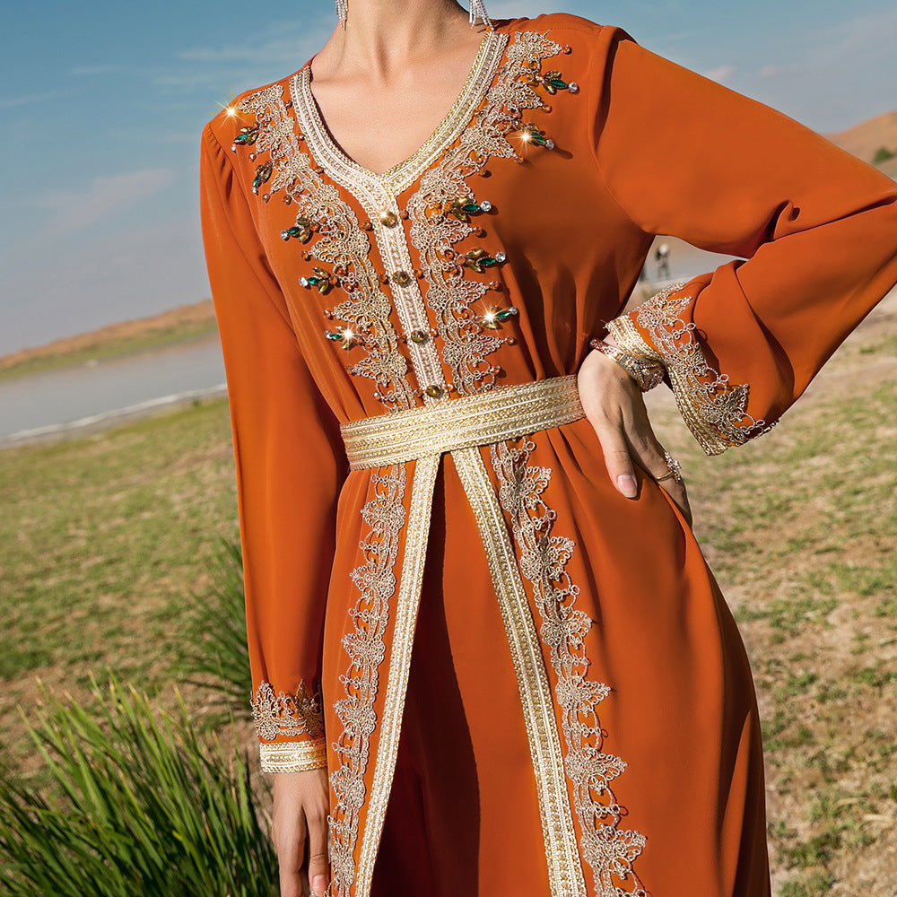 BA9028 new orange heavy industry hand-sewn diamond splicing lace fake two-piece dress Middle East travel dress