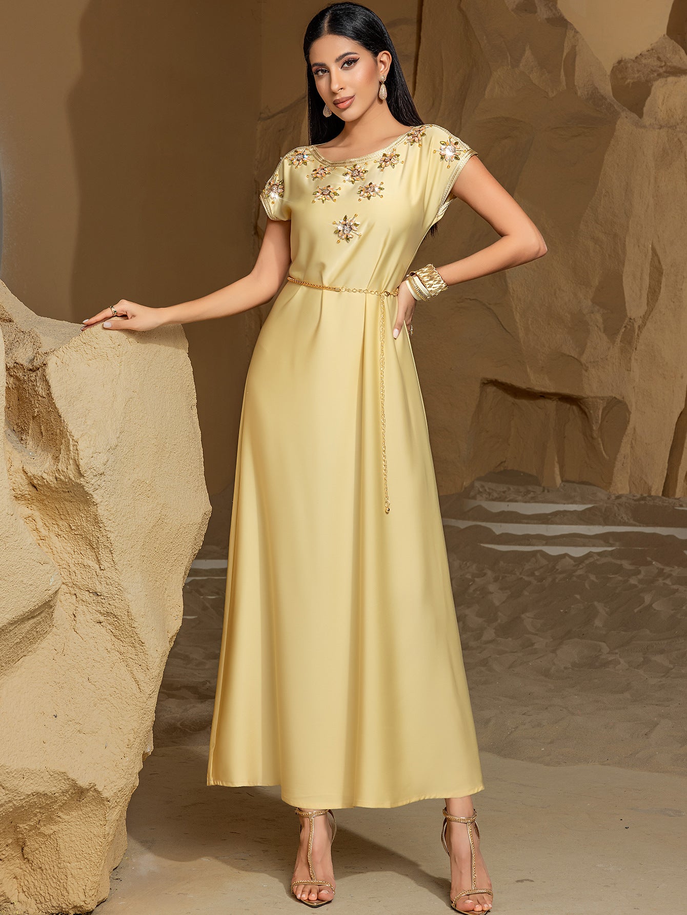 BA7030 New Champagne Waldorf Satin Heavy Industry Hand-sewn Diamond Short Sleeve Celebrity Style, Retro Dress