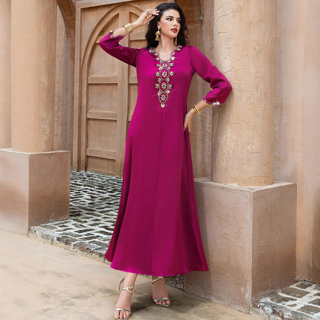 15162 New dragon fruit color Middle East loose handmade embroidered bead robe holiday party dress