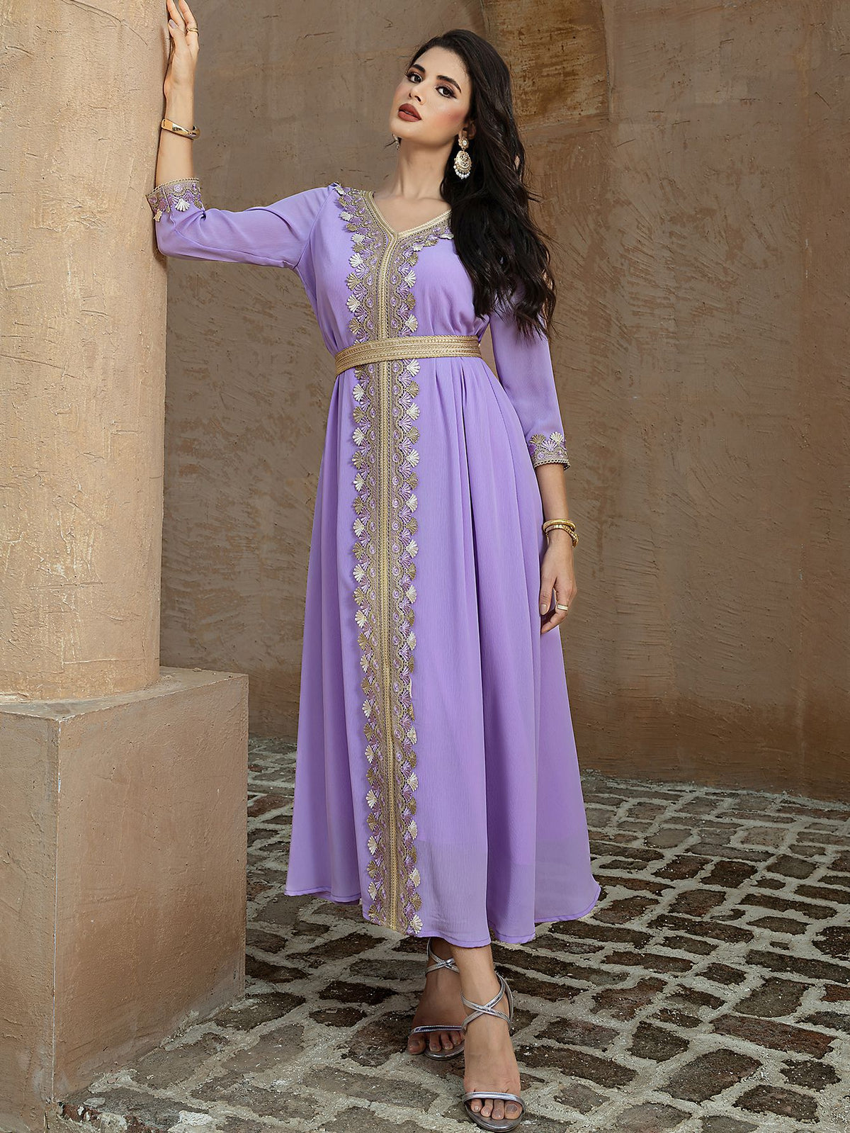 15160 new violet swing skirt splicing gold webbing European and American temperament long skirt