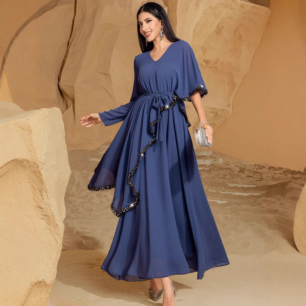 BA9013 Double Chiffon Irregular Skinny White Meat Cover Dress Party Gathering Temperament Long Dress