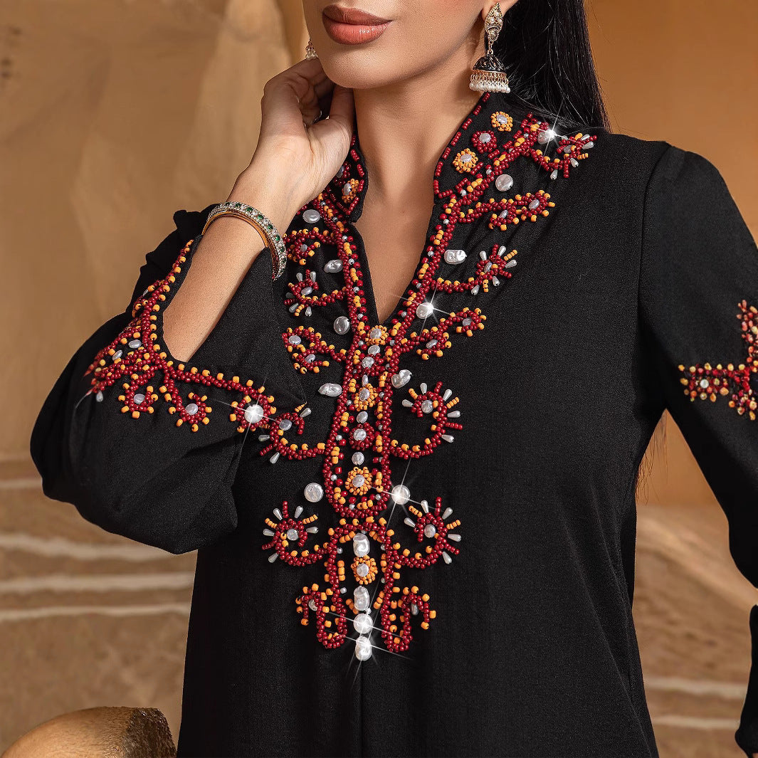 15004 New High-end Rice Bead Embroidery Fashion Dress Abaya Spot Robe Dress