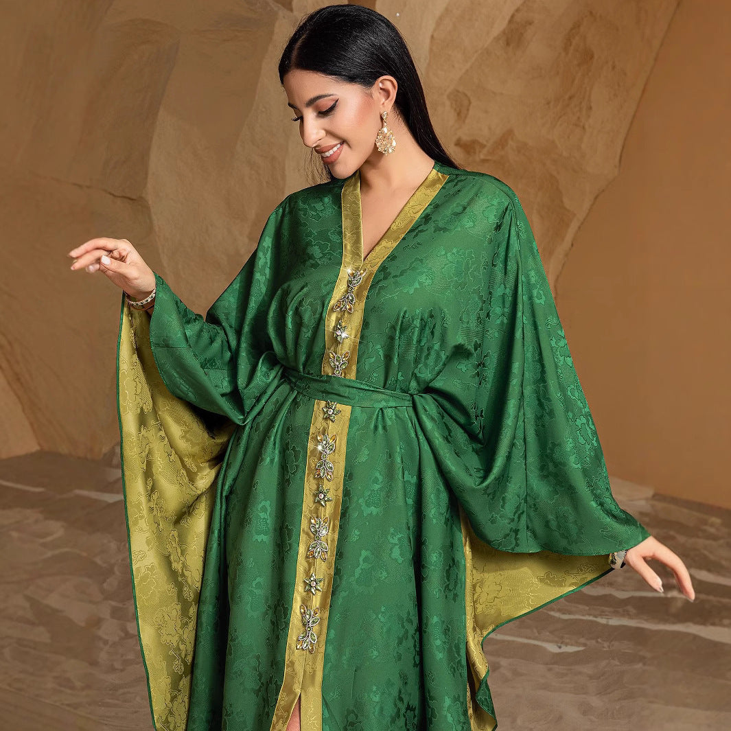 15245 high-grade hand-sewn drill contrasting color three-dimensional embossed satin design ABAYA robe large size jumpsuit