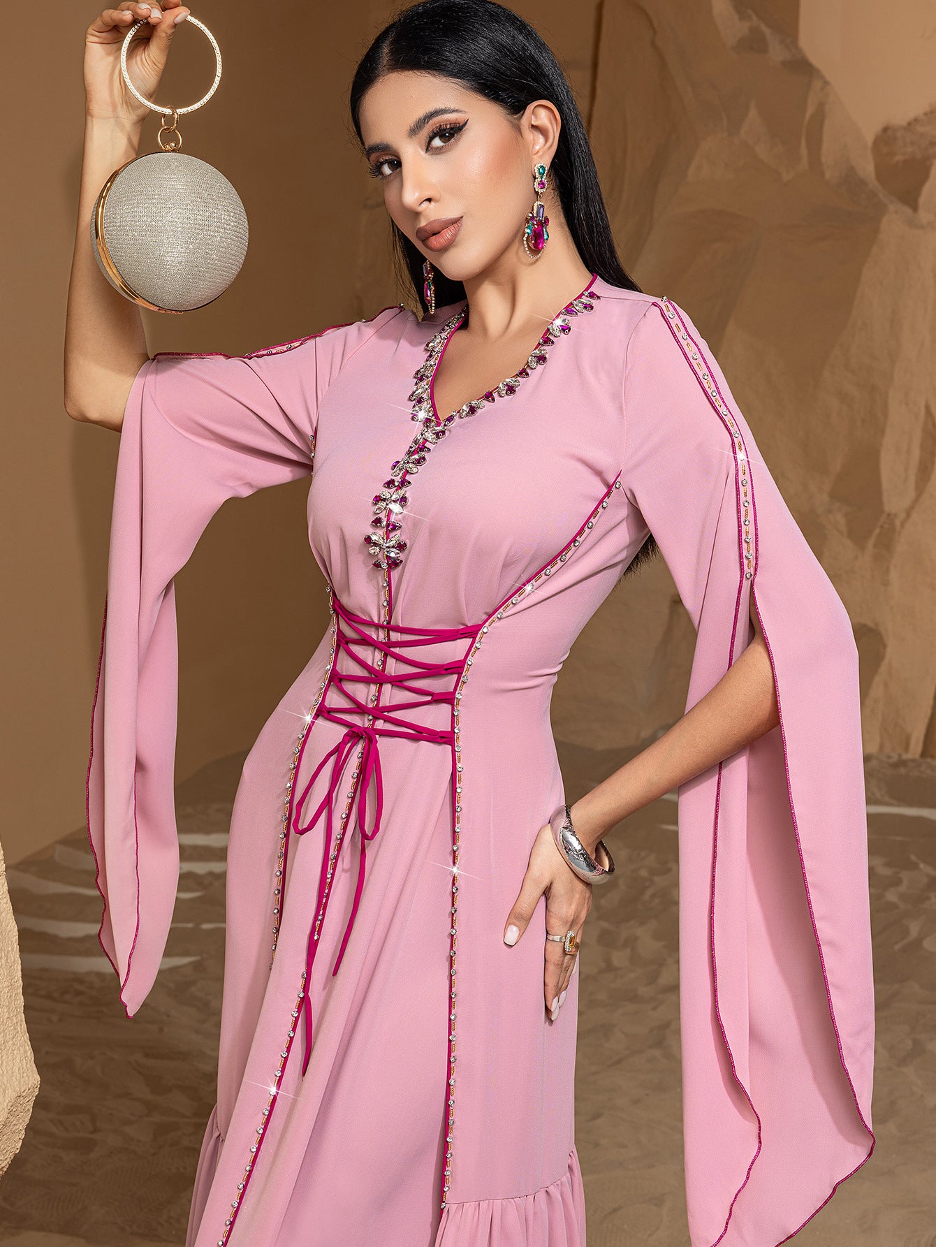 BA5039 Lace-Up Flared-Sleeve Dress