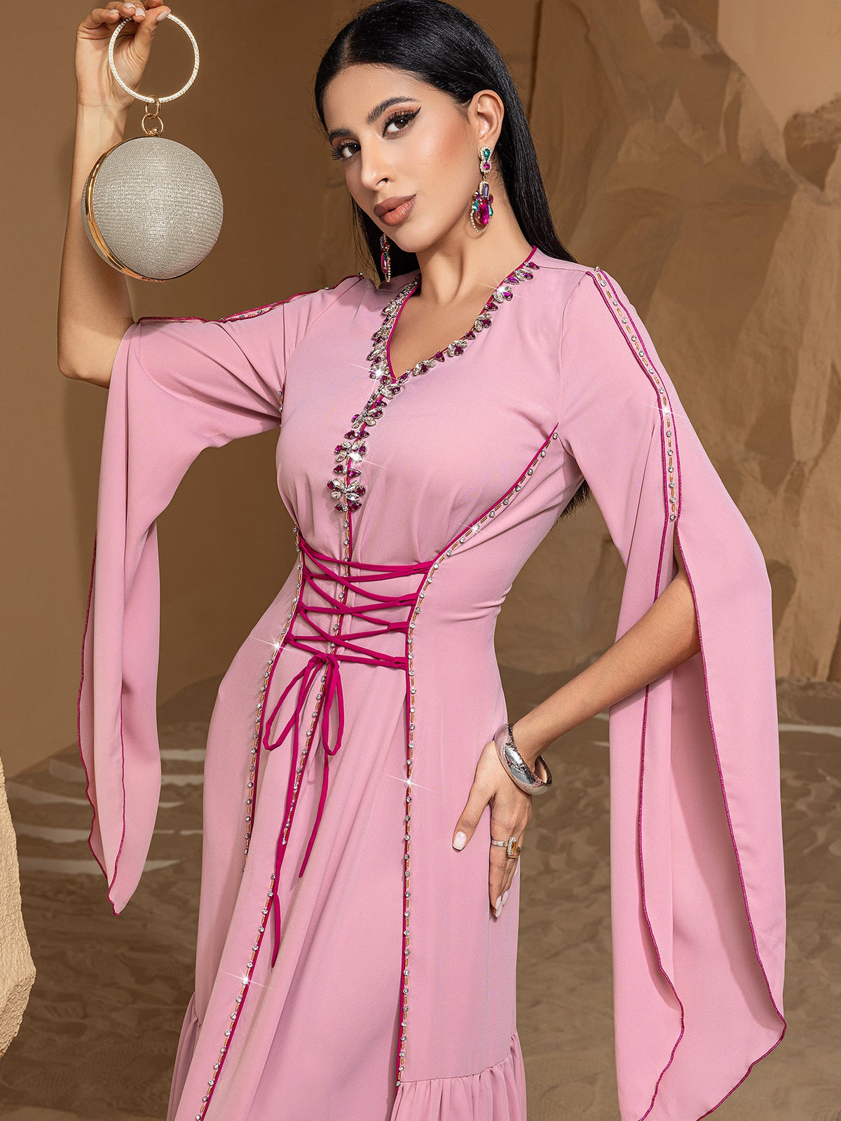 BA5039 Lace-Up Flared-Sleeve Dress