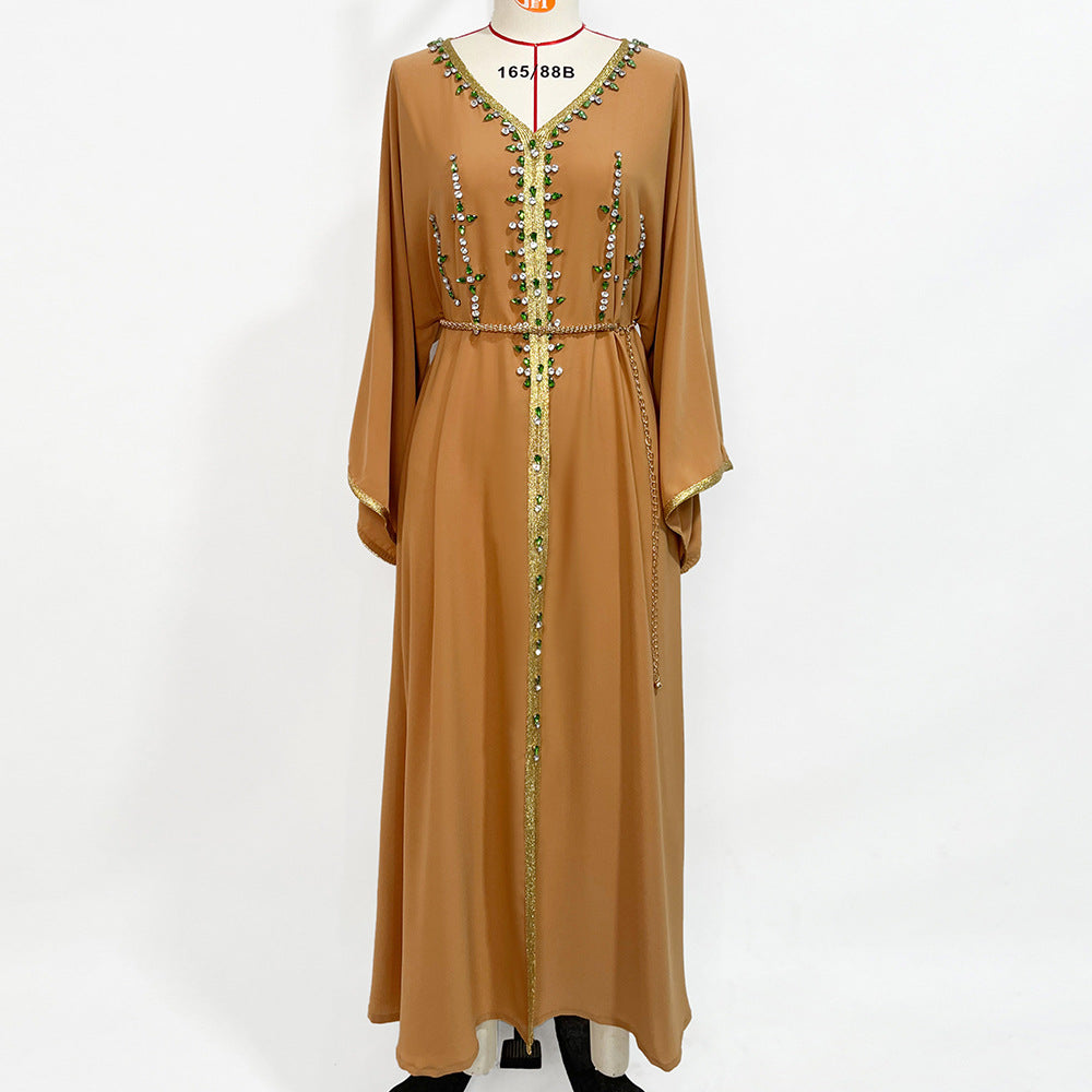 BA7061 Khaki Hand Stitched Diamond Middle East South East Asia Travel Sleeve Dress, Robe abaya
