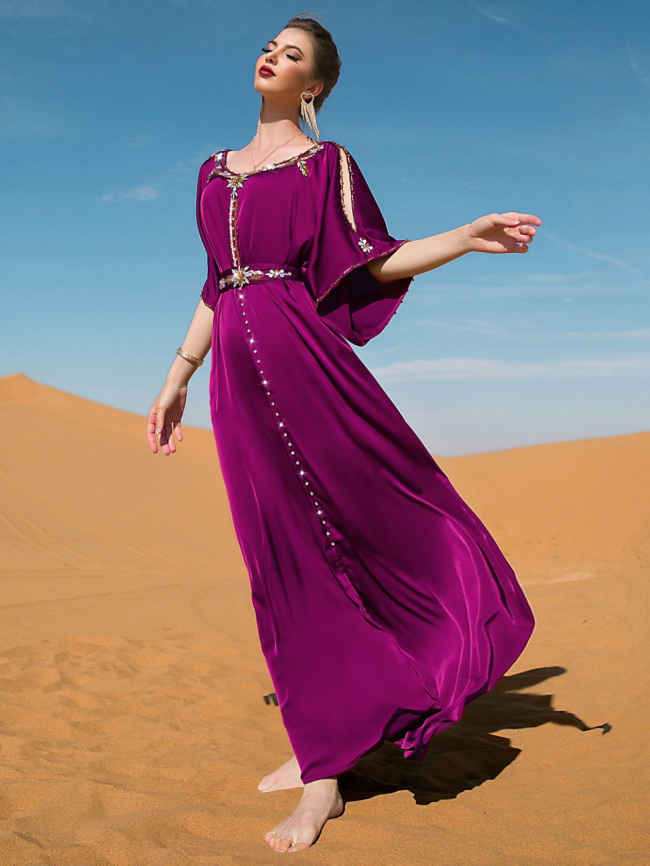 BA7031 Rose purple off-the-shoulder hand-sewn diamond design dress, Middle Eastern party, holiday gift
