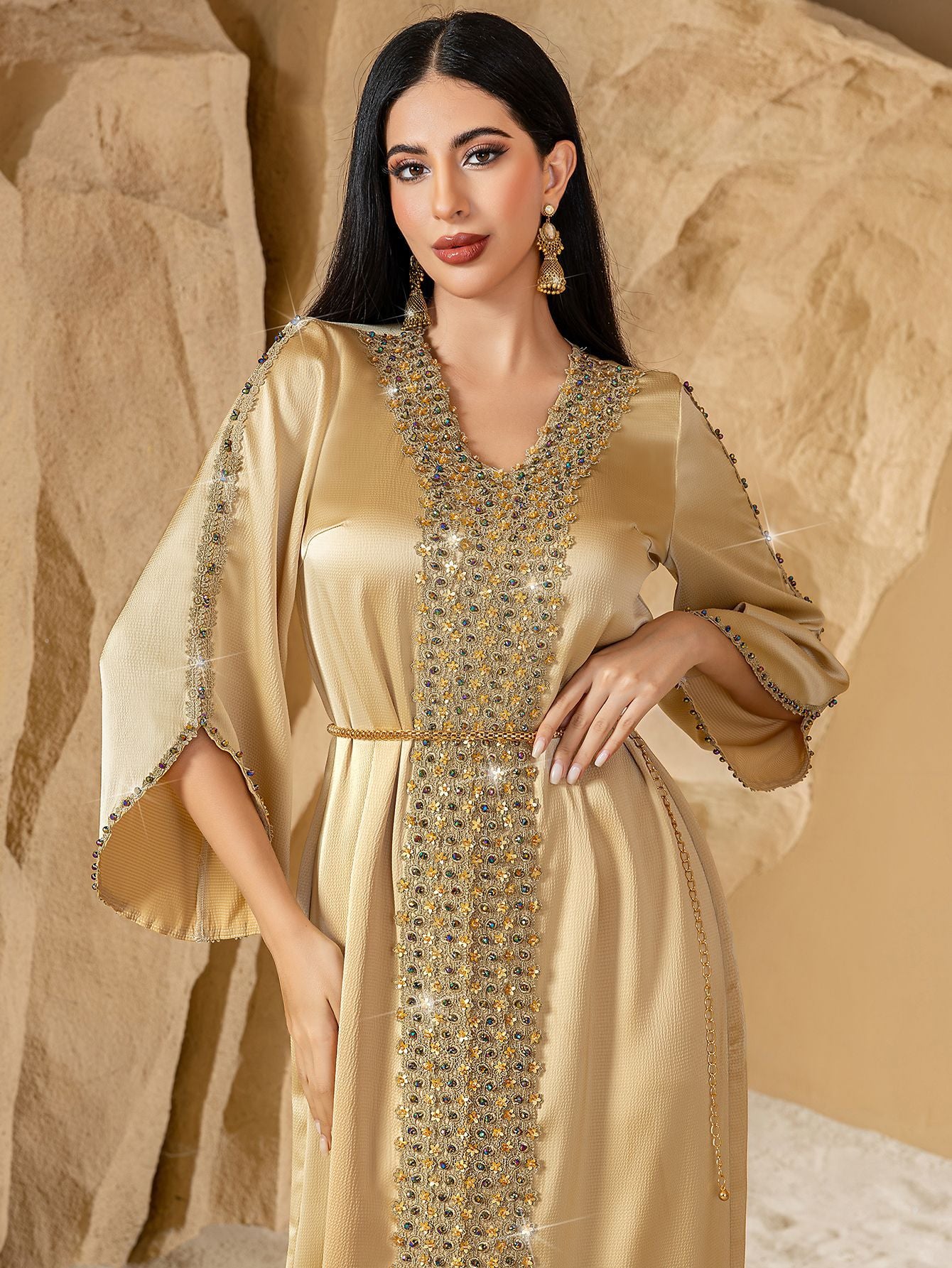 15154 new champagne splicing lace handmade beaded women's Middle East robe evening dress