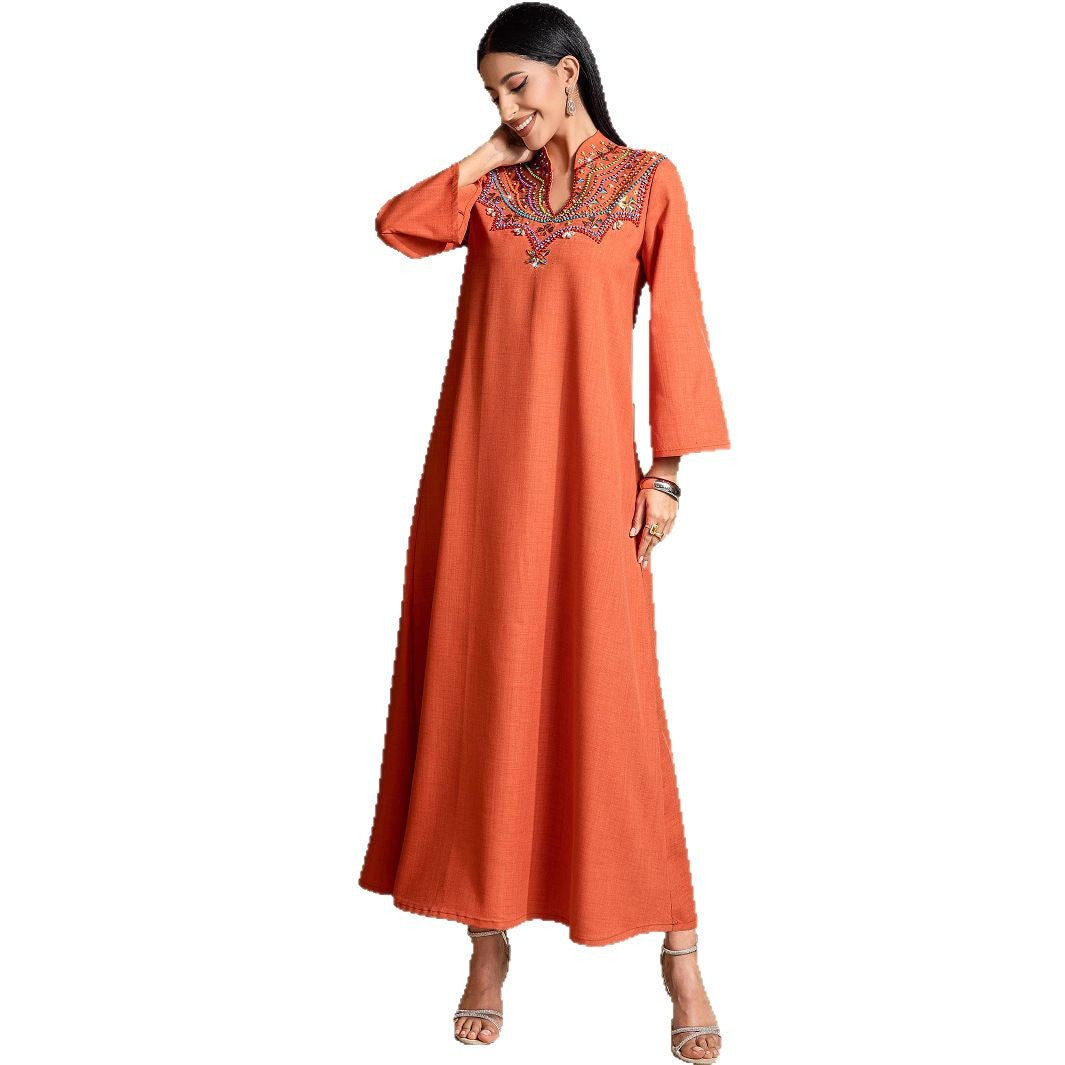 15253 Middle East high-end heavy industry hand-sewn diamond temperament arabic robe loose spot women's clothing