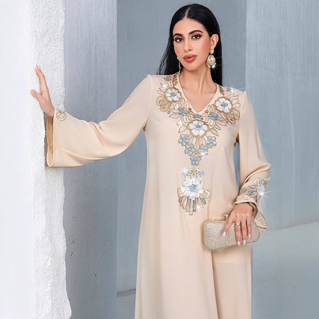 BA4120 apricot loose casual three-dimensional flower embroidered MUSILIN robe fashion dress