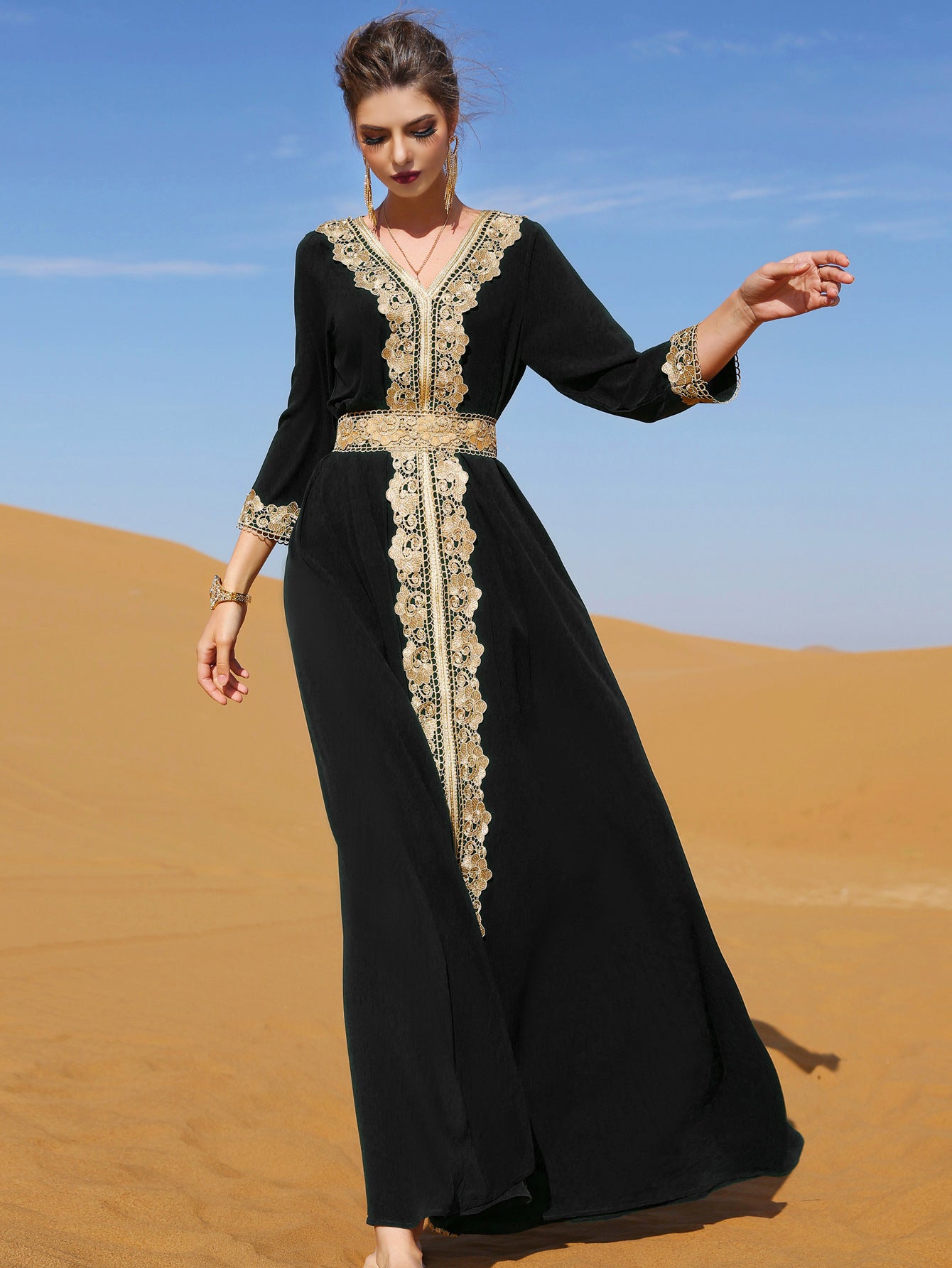 7013 Black Embroidered Lace Elegant Retro Explosive Dress, Vacation Gorgeous Middle Eastern Women's Clothing