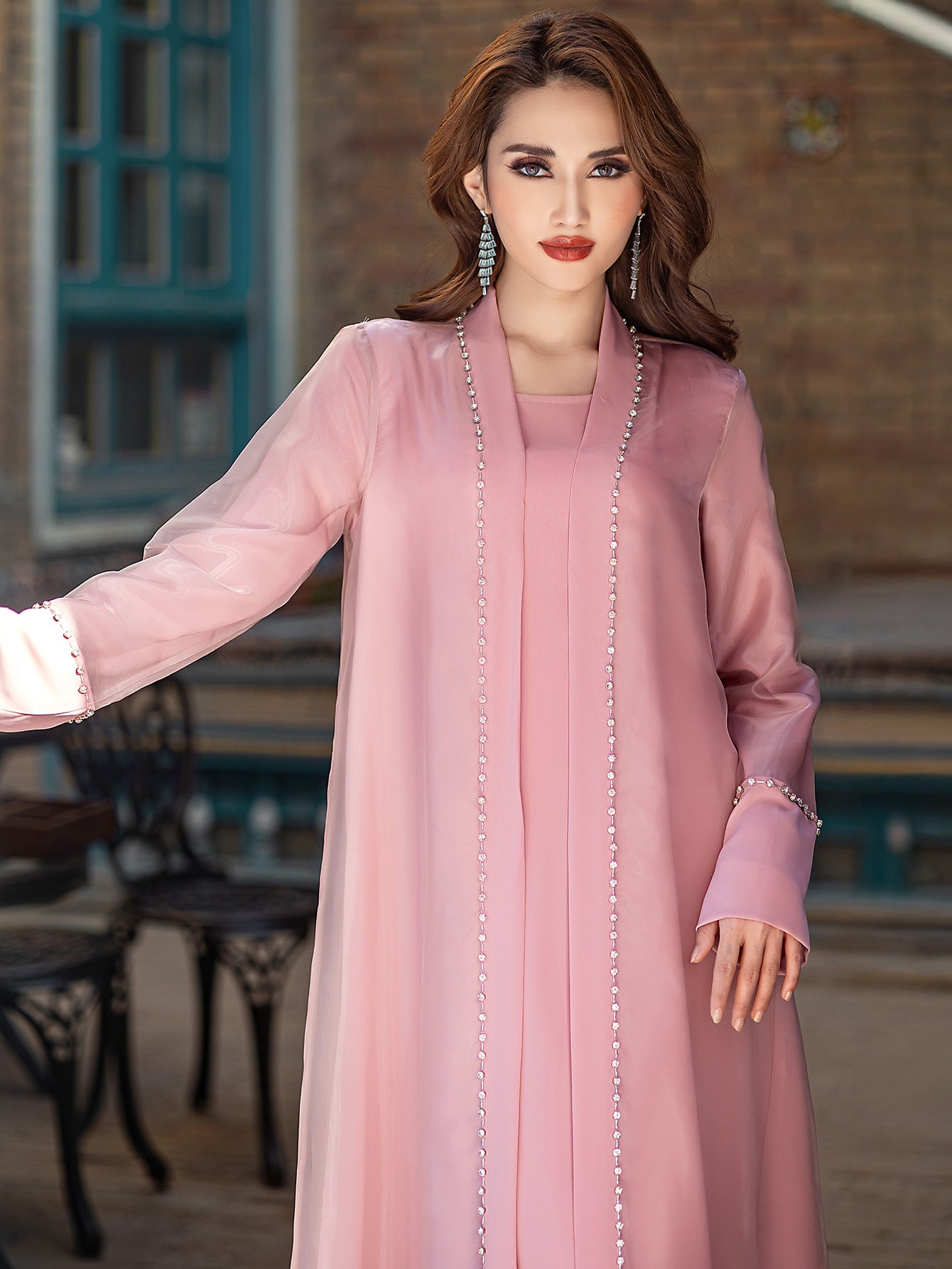 15188 Cherry blossom powder organza two-piece cardigan dress in stock