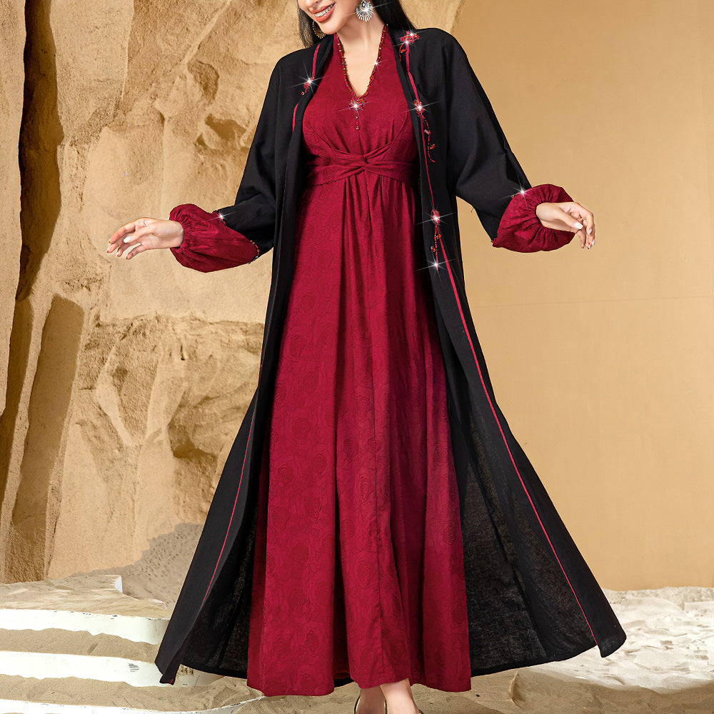 15022 Encounter Rose High-end Hand-sewn Diamond Luxury Texture Two-piece Cardigan Jacket Dress