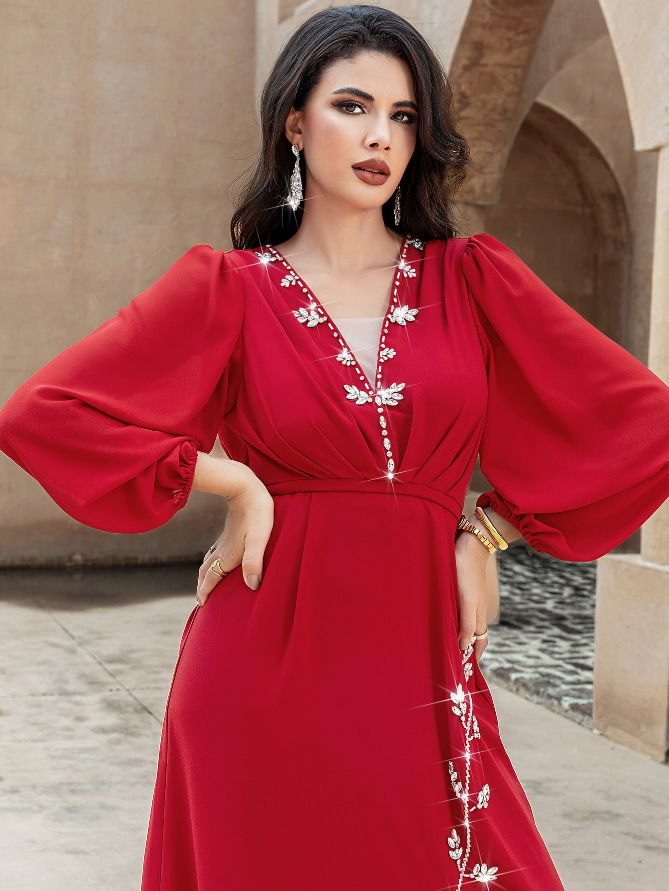 15175 Hot Sale New Hand Sewn Drilled Deep V Sexy Front Split Dress Middle East Fashion Spot Women