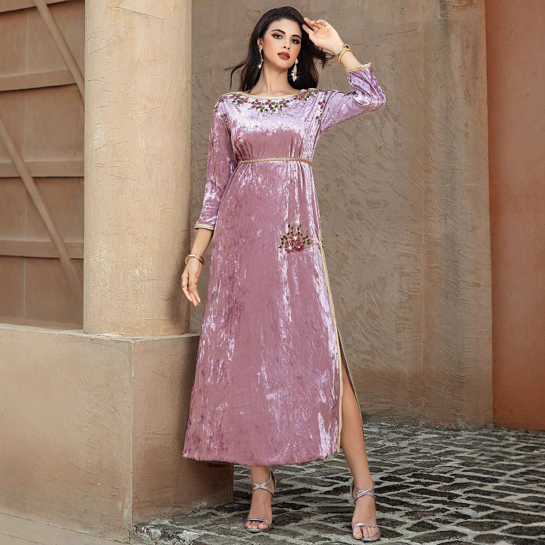 15164 lotus root pink velvet hand-sewn rhinestones and gold webbing dress, new toast dress