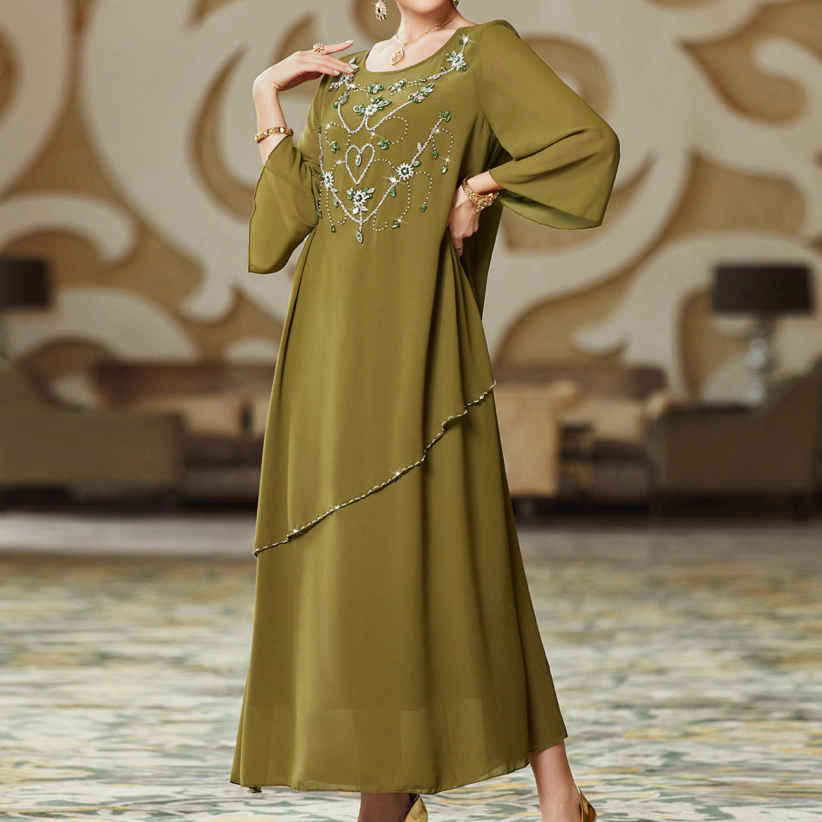BA3042 New army green hand-sewn chiffon long dress loose pendulum ABAYA dress