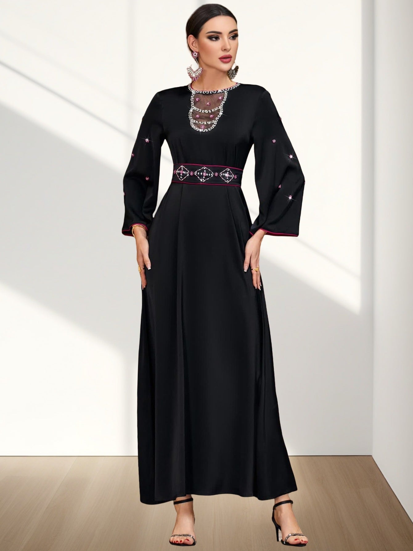 BA4062 Black Satin Splicing Mesh Hollow Collar Rhinestone Dress Robe