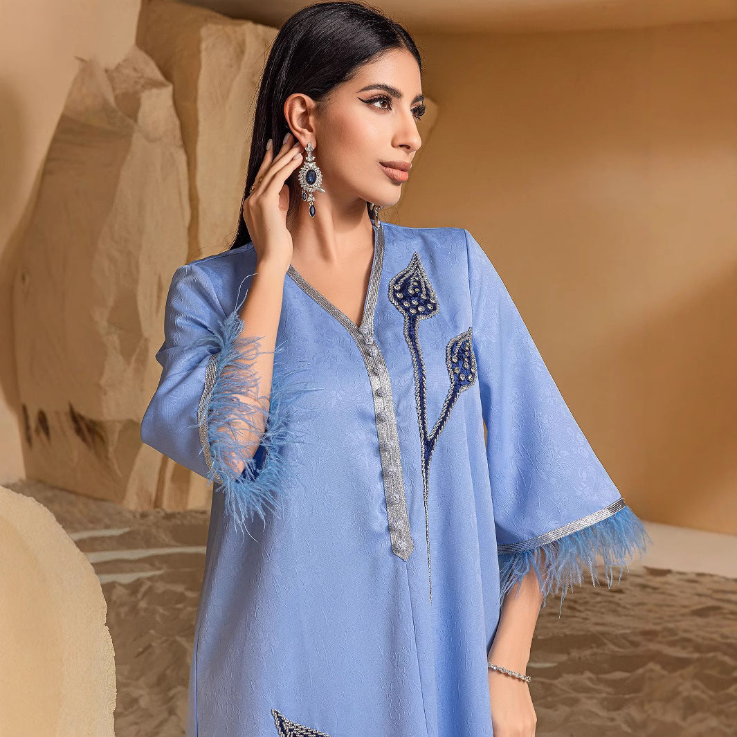 BA3025 Middle East Women's Embroidered Silver Feather Edge Robe South East Asia Dress