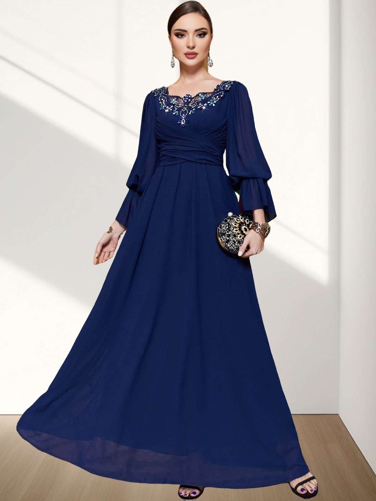 BA3122 navy blue chiffon splicing lace collar evening dress Middle East cross-border hand-sewn diamond elegant long dress