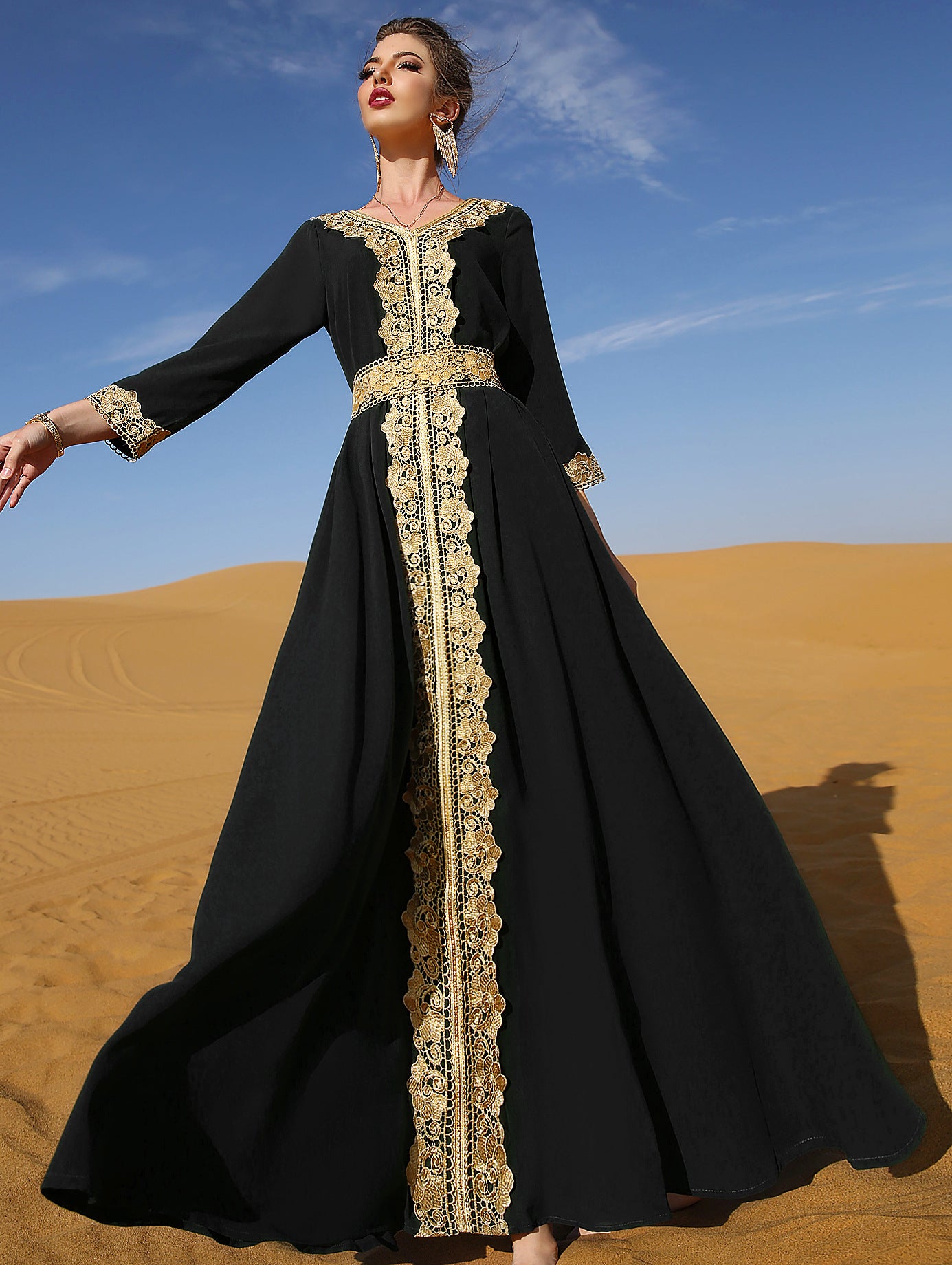 7013 Black Embroidered Lace Elegant Retro Explosive Dress, Vacation Gorgeous Middle Eastern Women's Clothing