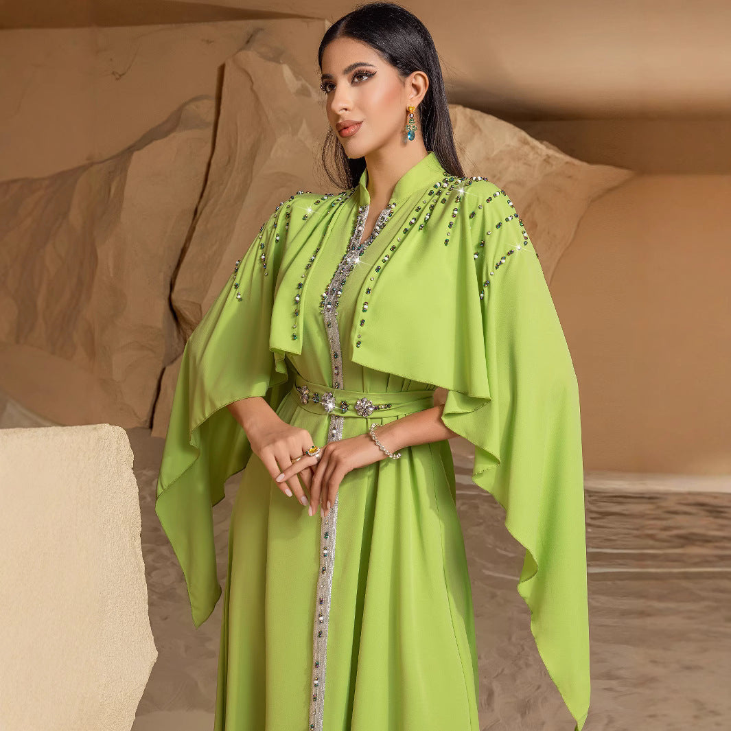 BA3080 fruit green semi-turtleneck shawl dress hand-sewn diamond middle east spot women's clothing