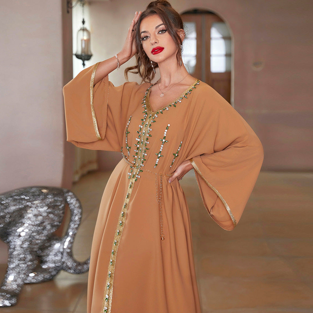 BA7061 Khaki Hand Stitched Diamond Middle East South East Asia Travel Sleeve Dress, Robe abaya