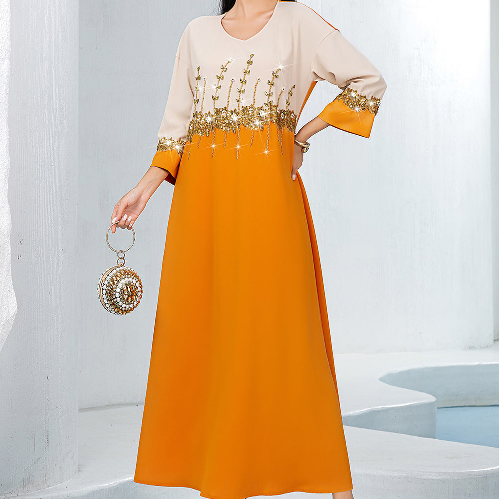 15138m Orange Double Spell Elegant A-shaped Skirt Middle East Banquet Long Skirt Women's Clothing