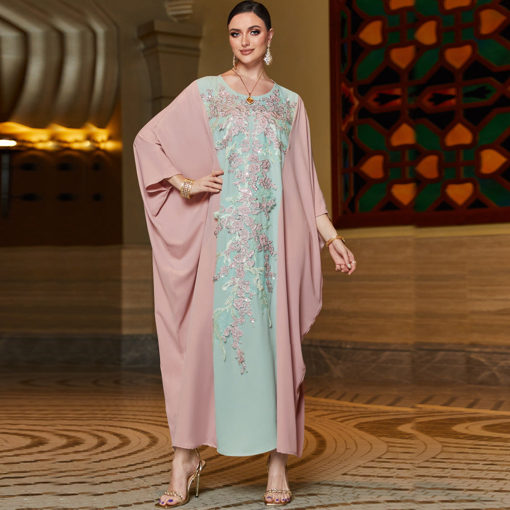 BA3161 Pink Pin Bean Green Rice Bead Embroidered Cape Batman