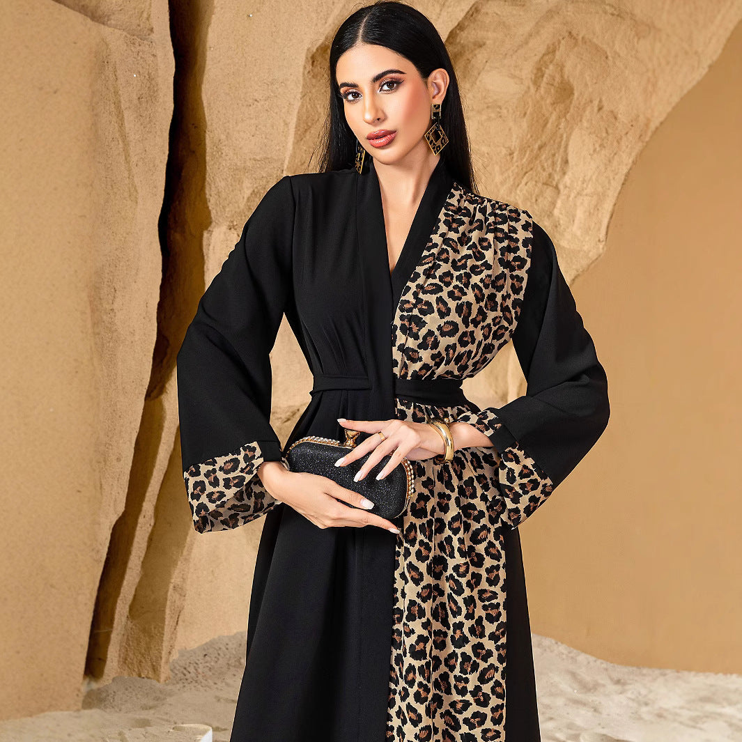 15146 Leopard print color matching dark V cardigan jacket with belt long, large size women's dress