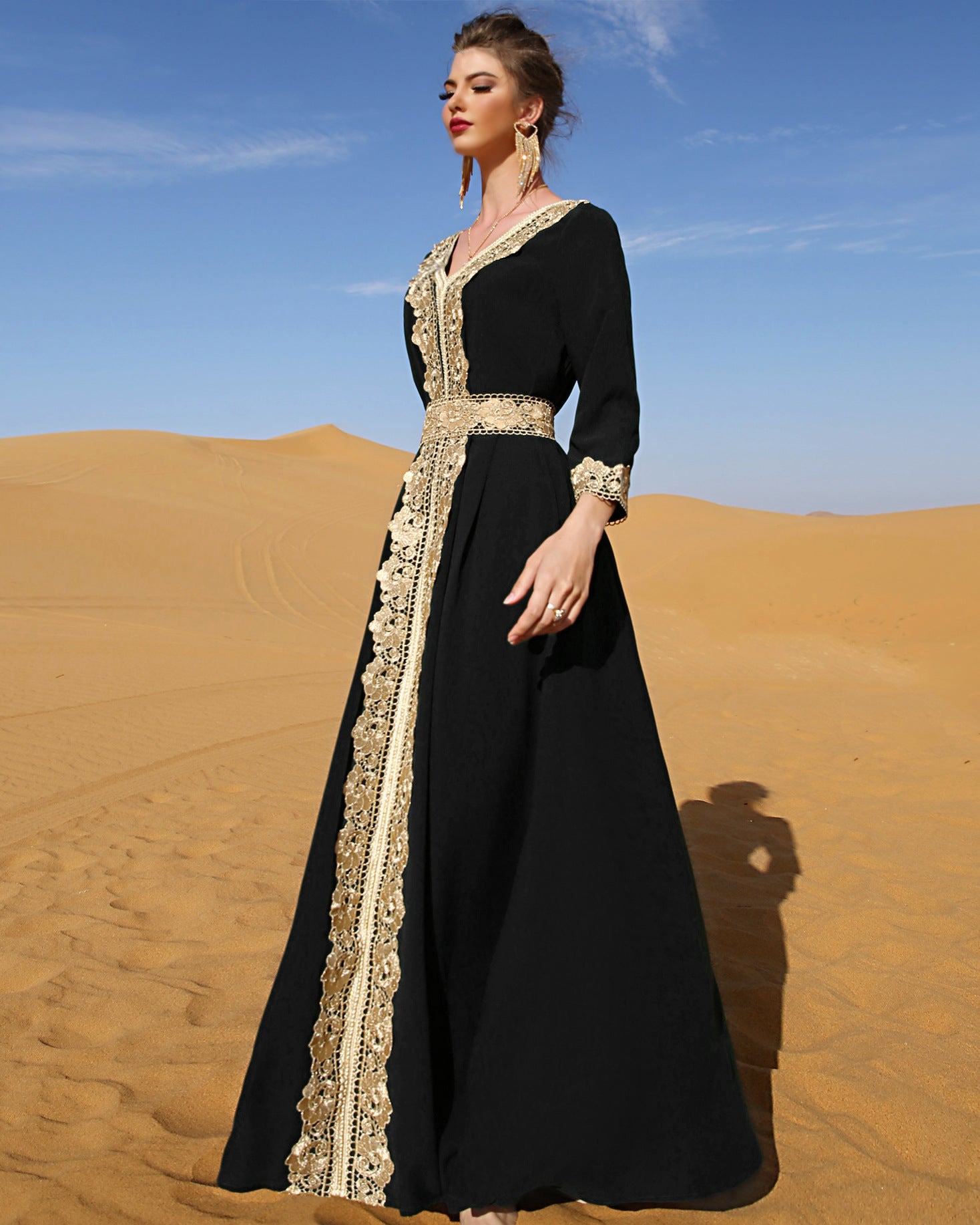 7013 Black Embroidered Lace Elegant Retro Explosive Dress, Vacation Gorgeous Middle Eastern Women's Clothing
