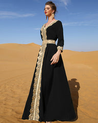 7013 Black Embroidered Lace Elegant Retro Explosive Dress, Vacation Gorgeous Middle Eastern Women's Clothing