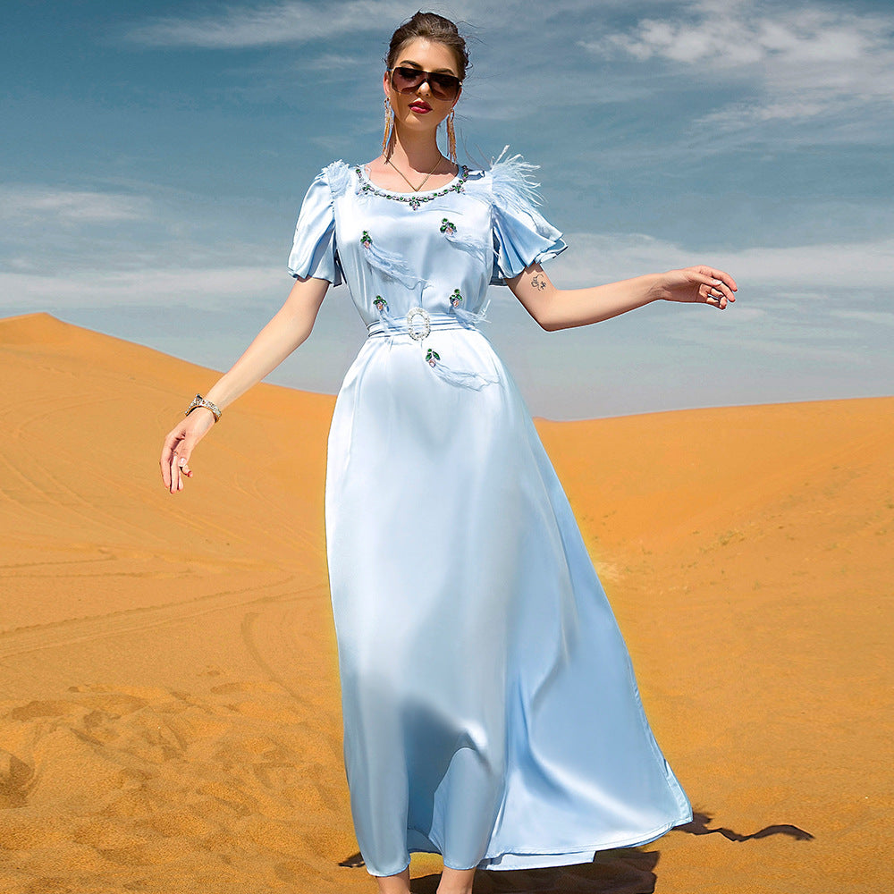BA7039 light blue satin ruffle edge feather dress, hand-sewn diamond Muslim style spot, women's belt