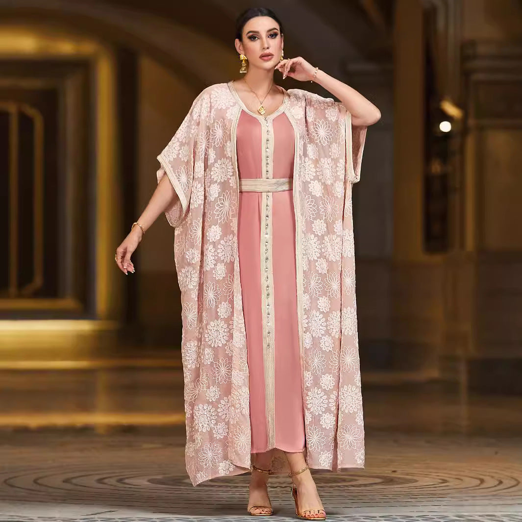 BA4098 pink embroidery splicing satin fake two ABAYA robe middle east women's clothing
