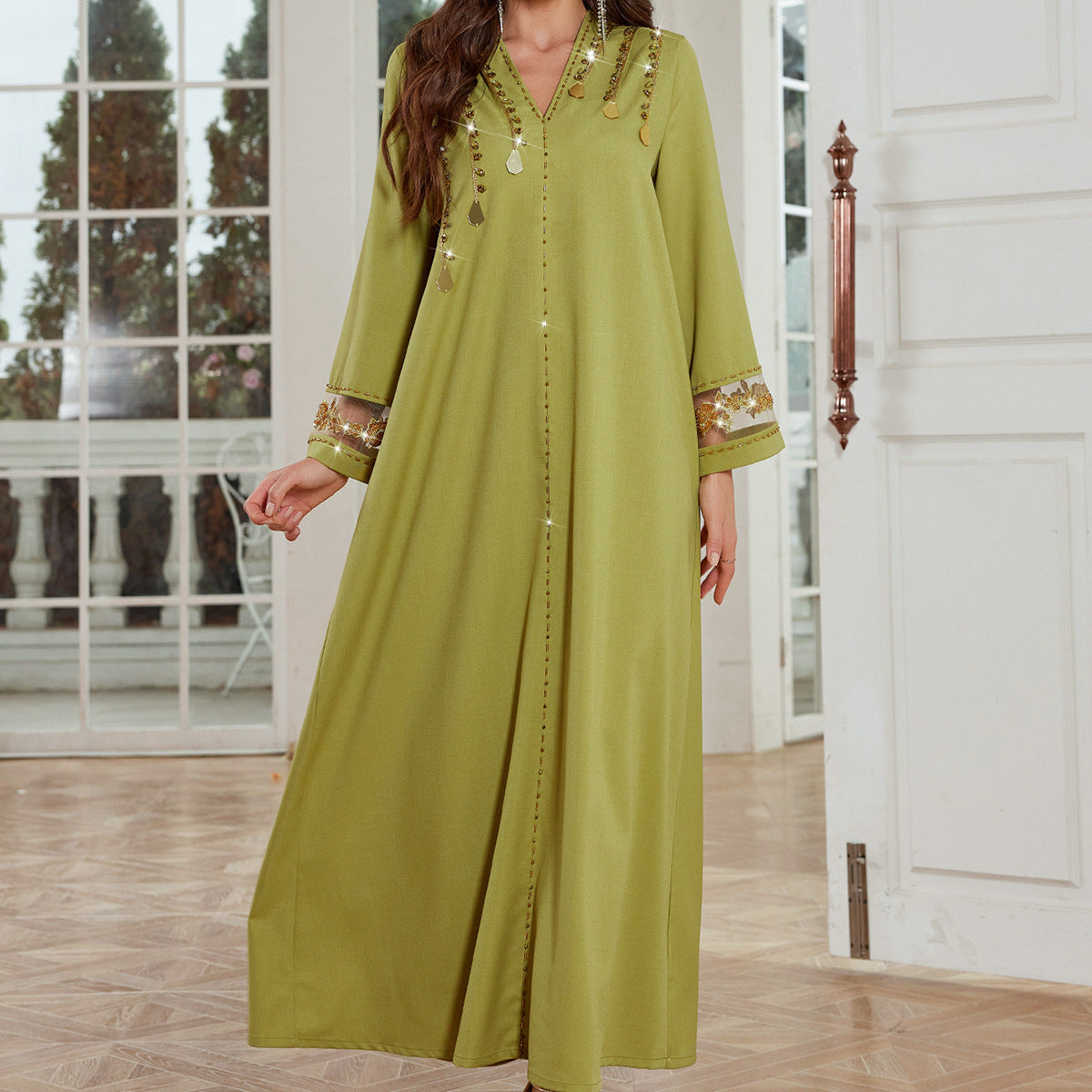 BA4153 Qiuxiang green linen lace rust bead hand-sewn diamond dress Middle East