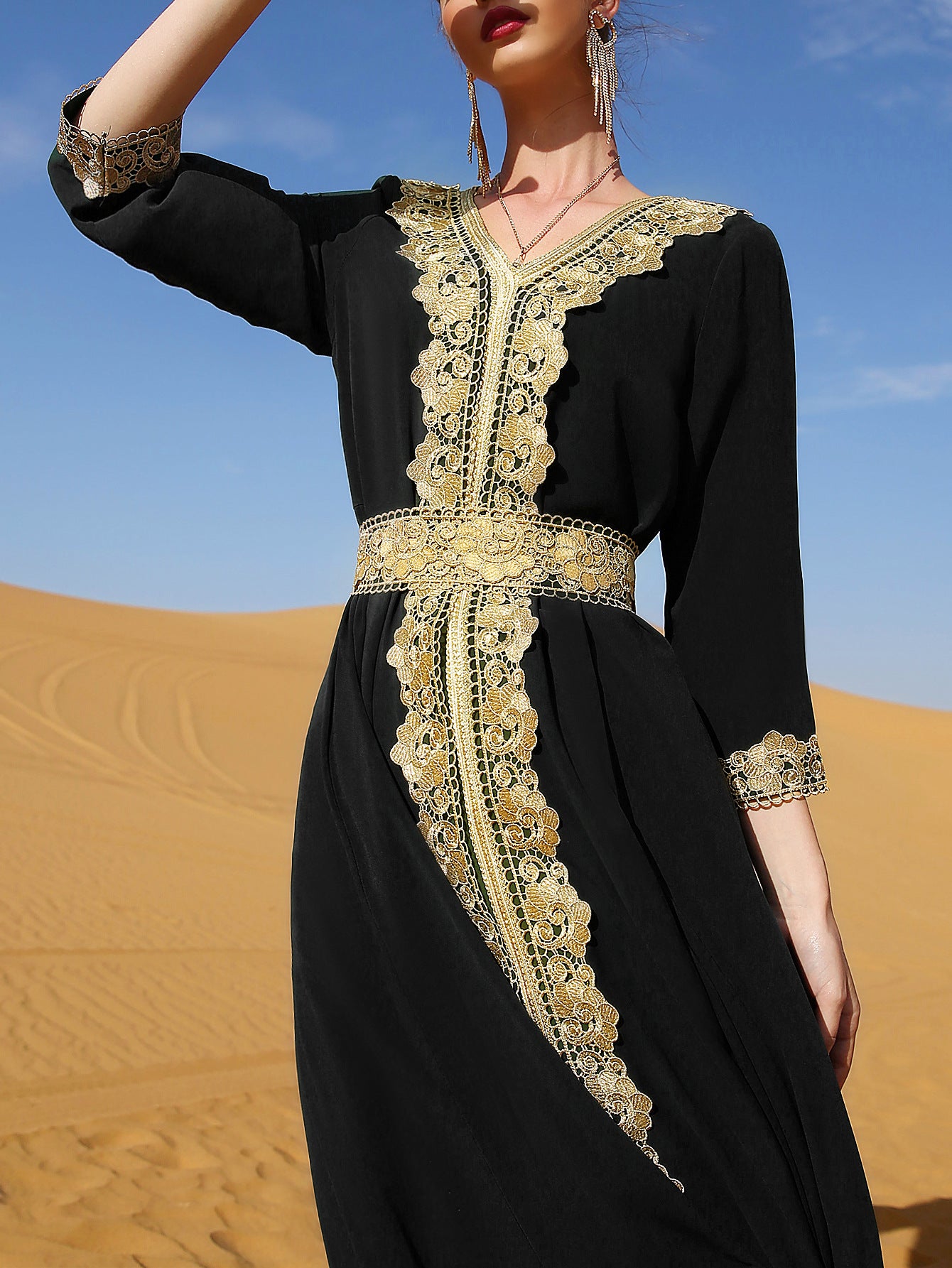 7013 Black Embroidered Lace Elegant Retro Explosive Dress, Vacation Gorgeous Middle Eastern Women's Clothing