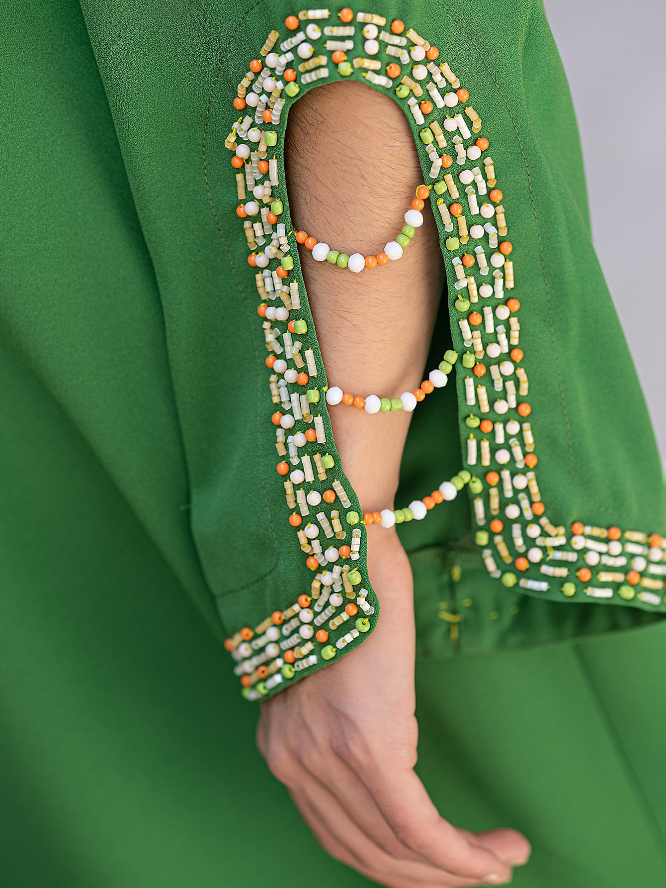 5205 Luxury Emerald Abaya | Hand-Beaded Neckline & Crystal-Trimmed Bell Sleeves