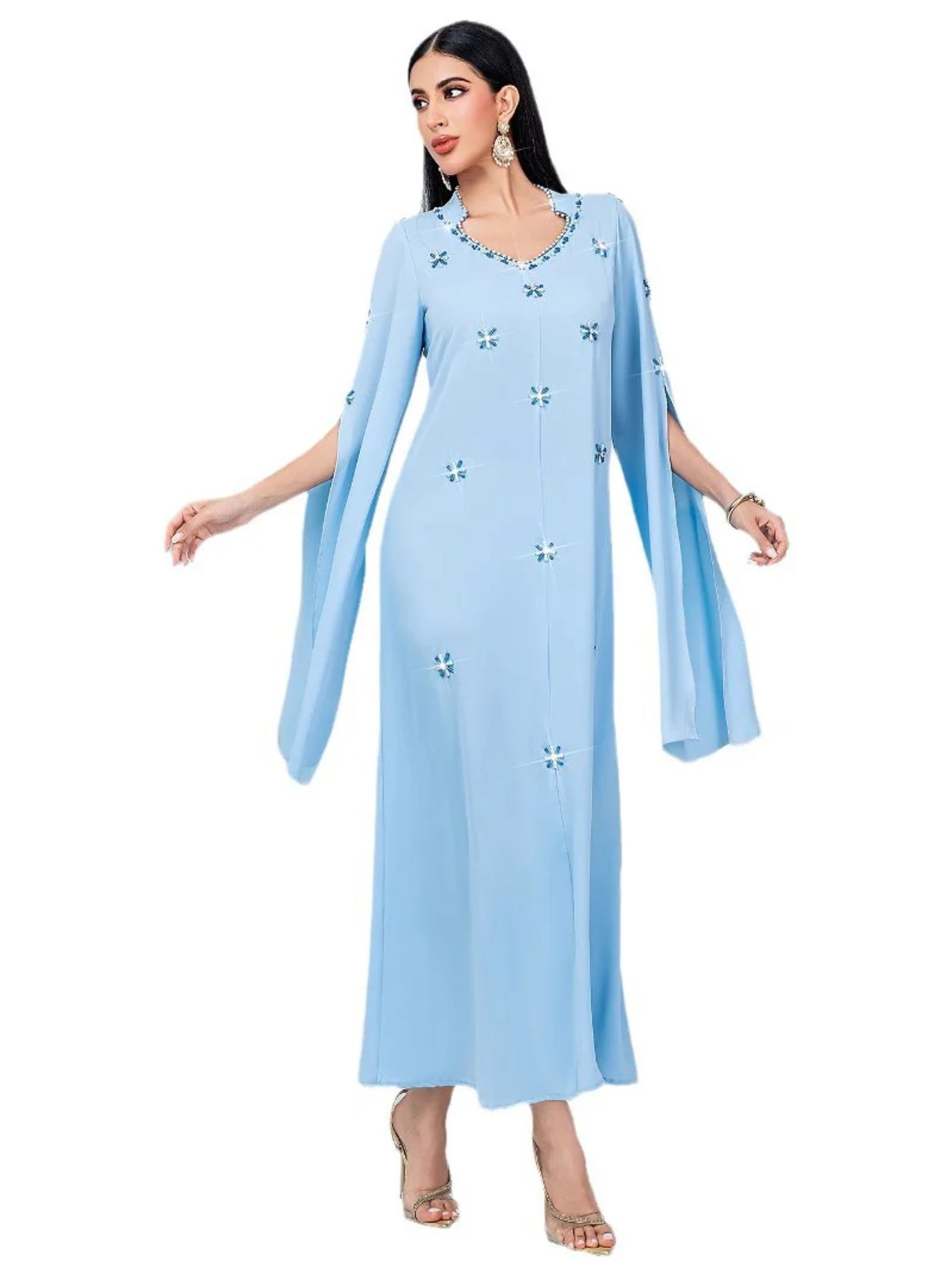 15133 new light blue super long-sleeved hand-sewn glass rhinestone dress Middle East women's clothing spot