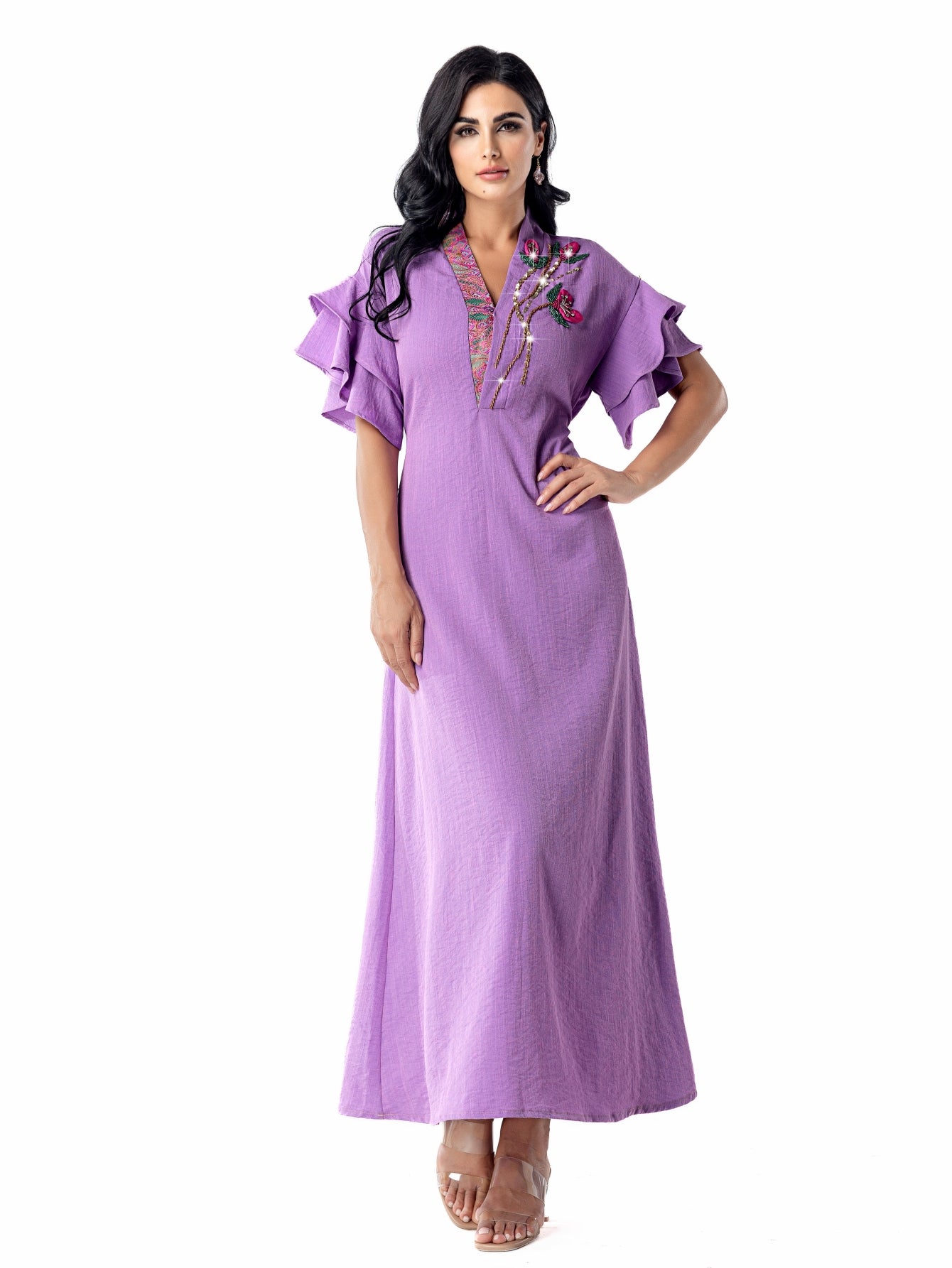 5110 abaya robe dress, floral beads shine, lotus leaf sleeves with waist design, a must for parties